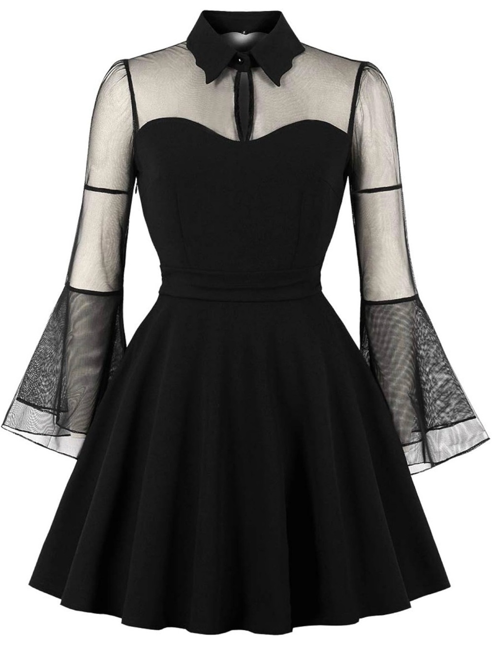 NEW Women’s Little Black Dress L US10 sheer bell sleeves goth bat stretchy